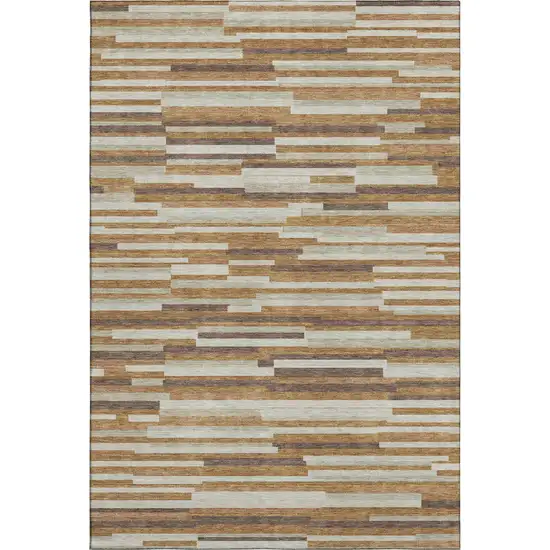 Rust Ivory And Beige Striped Washable Area Rug With UV Protection Photo 1