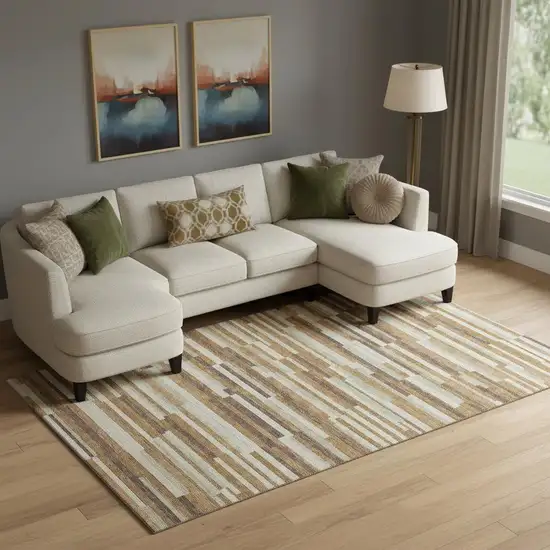 Rust Ivory And Beige Striped Washable Area Rug With UV Protection Photo 1