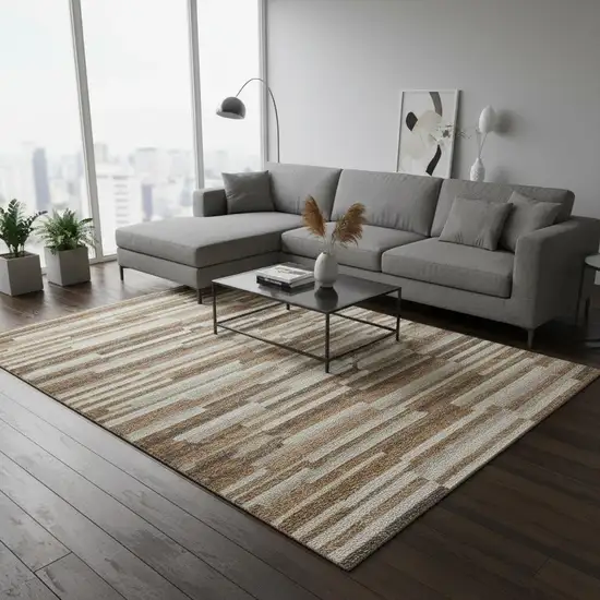 Rust Ivory And Beige Striped Washable Area Rug With UV Protection Photo 2