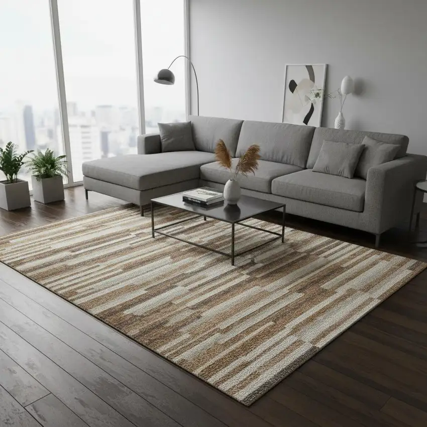 Rust Ivory And Beige Striped Washable Area Rug With UV Protection Photo 2