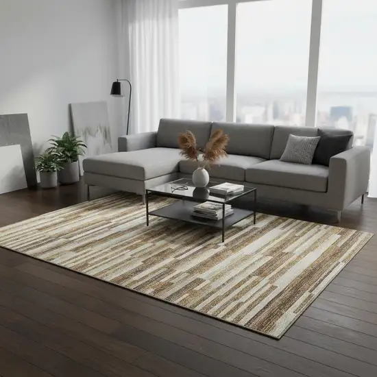 Rust Ivory And Beige Striped Washable Area Rug With UV Protection Photo 2