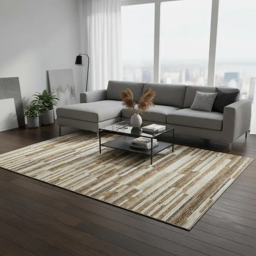 Rust Ivory And Beige Striped Washable Area Rug With UV Protection Photo 2