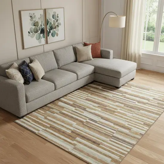 Rust Ivory And Beige Striped Washable Area Rug With UV Protection Photo 1