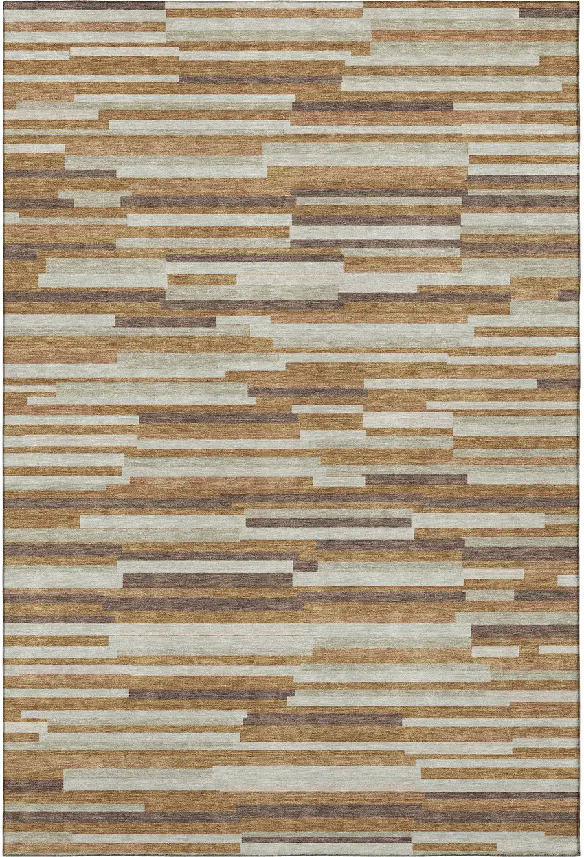 Rust Ivory And Beige Striped Washable Area Rug With UV Protection Photo 4