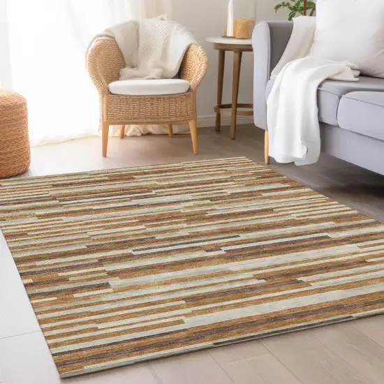 Rust Ivory And Beige Striped Washable Area Rug With UV Protection Photo 5