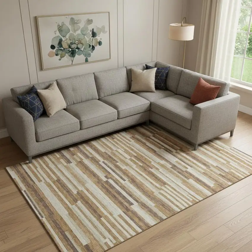 Rust Ivory And Beige Striped Washable Area Rug With UV Protection Photo 1
