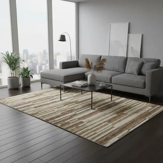 Rust Ivory And Beige Striped Washable Area Rug With UV Protection Photo 2