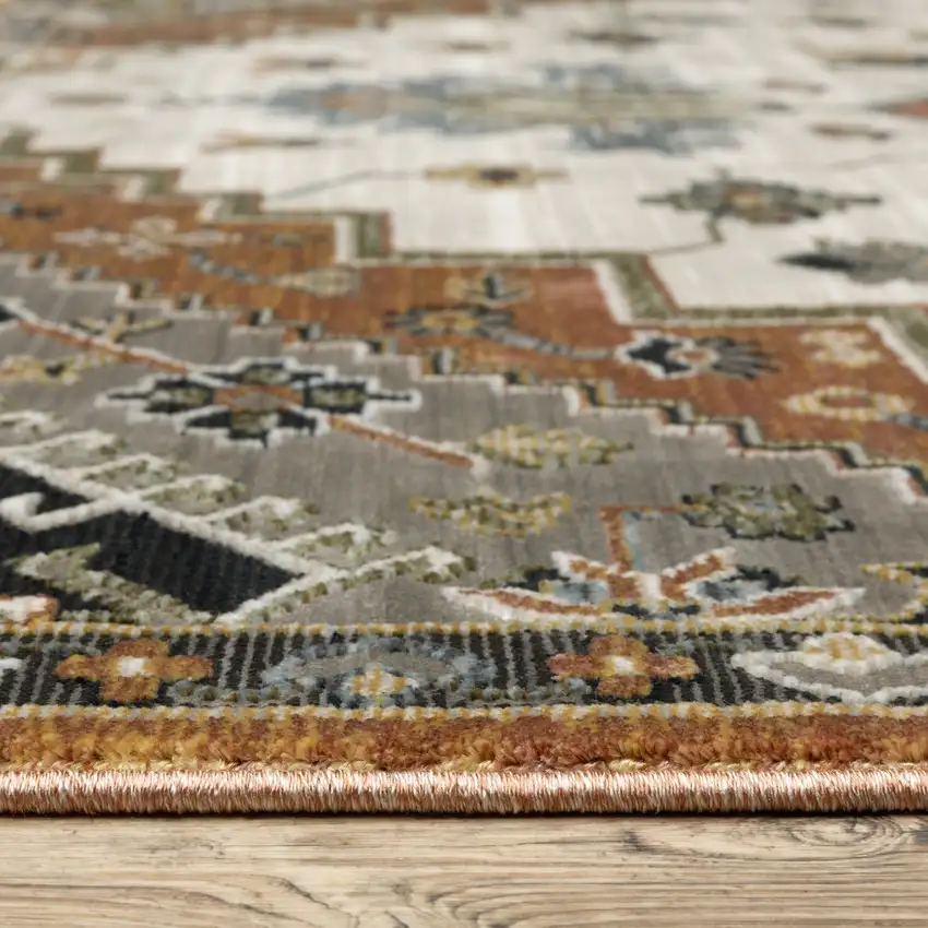 Rust Ivory And Black Medallion Area Rug With Fringe Photo 5