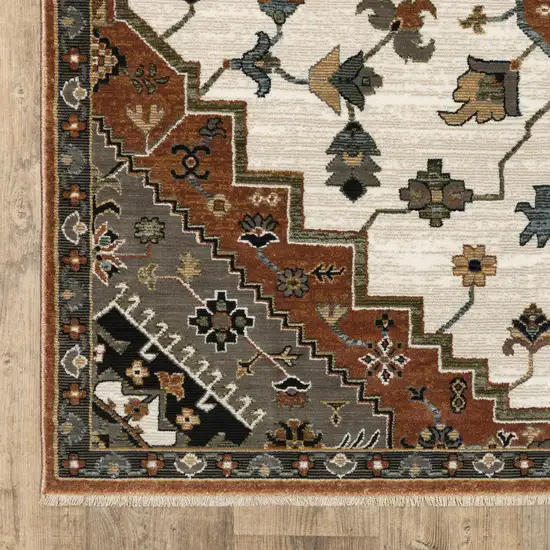 Rust Ivory And Black Medallion Area Rug With Fringe Photo 6