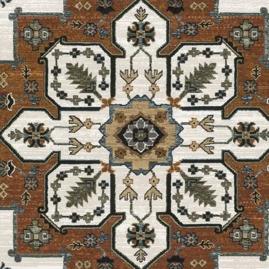 Rust Ivory And Black Medallion Area Rug With Fringe Photo 6