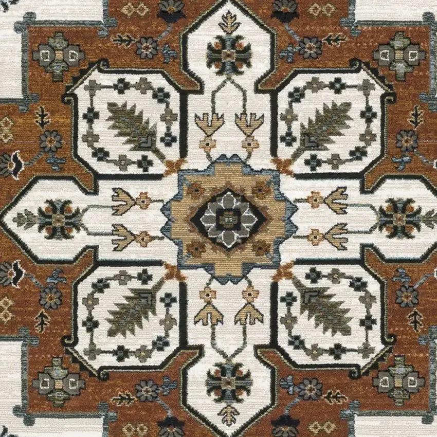 Rust Ivory And Black Medallion Area Rug With Fringe Photo 6