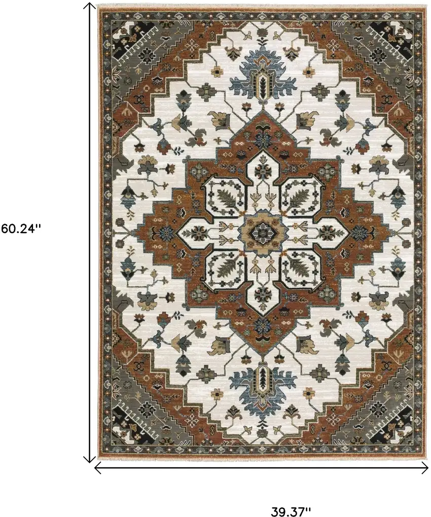 Rust Ivory And Black Medallion Area Rug With Fringe Photo 9