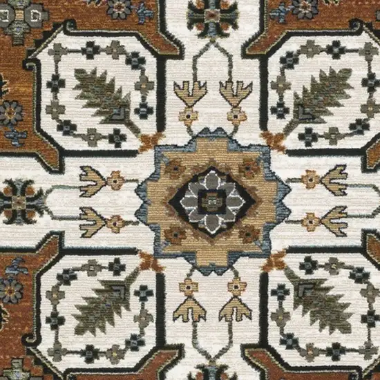 Rust Ivory And Black Medallion Area Rug With Fringe Photo 5