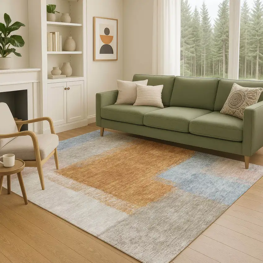 Rust Ivory And Blue Abstract Washable Indoor Outdoor Area Rug Photo 8