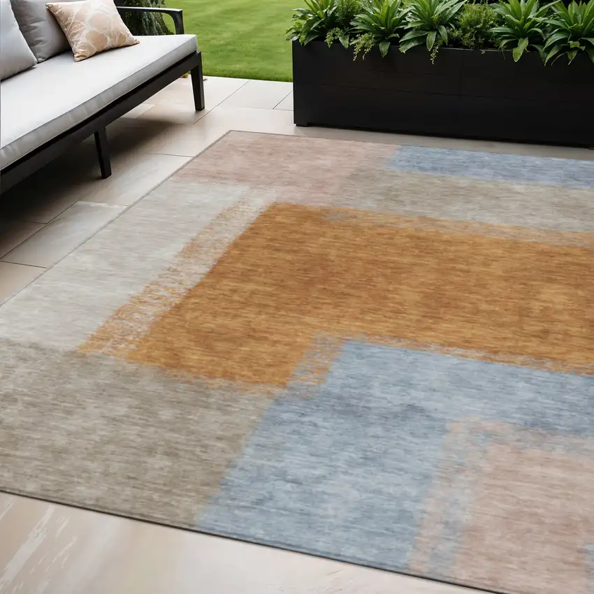 Rust Ivory And Blue Abstract Washable Indoor Outdoor Area Rug Photo 1