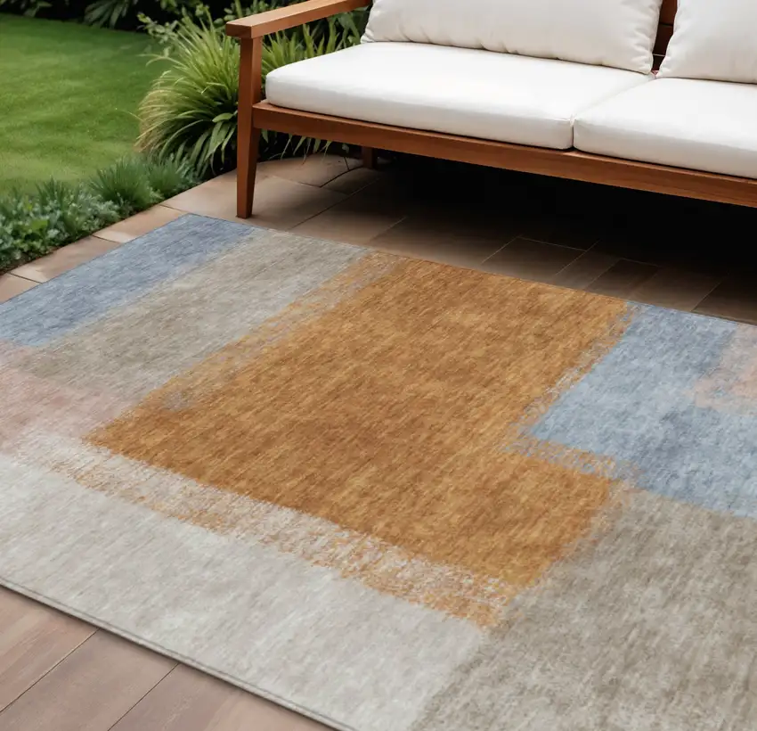 Rust Ivory And Blue Abstract Washable Indoor Outdoor Area Rug Photo 1