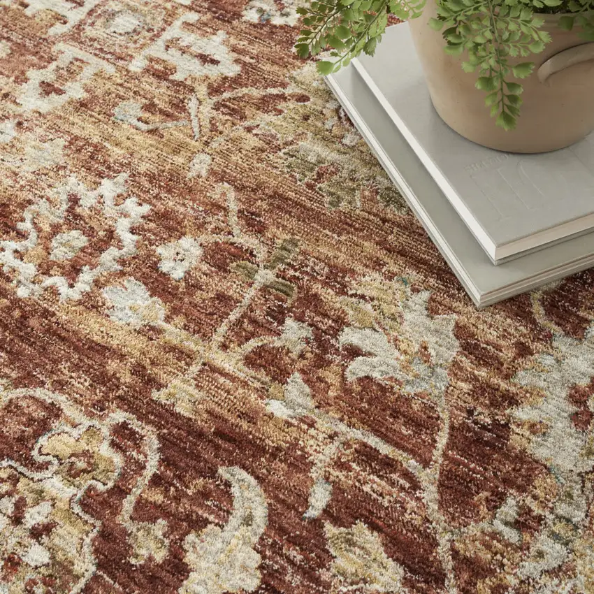 Rust Ivory And Blue Floral Medallion Distressed Area Rug Photo 4