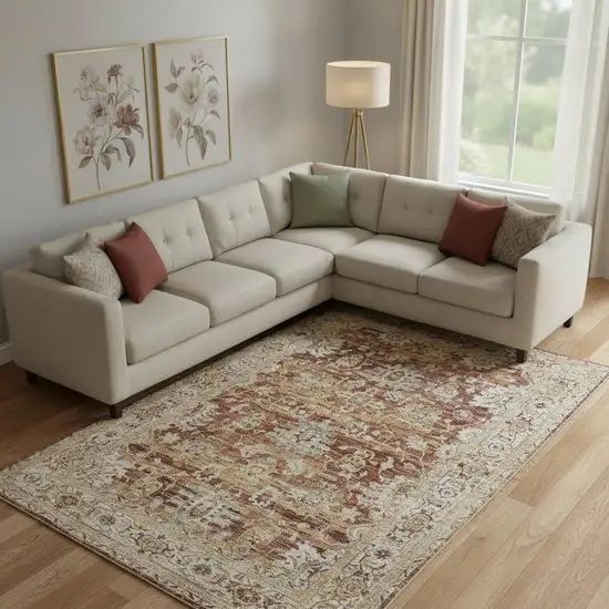 Rust Ivory And Blue Floral Medallion Distressed Area Rug Photo 1