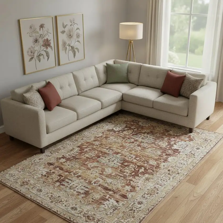 Rust Ivory And Blue Floral Medallion Distressed Area Rug Photo 1