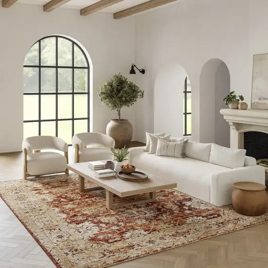 Rust Ivory And Blue Floral Medallion Distressed Area Rug Photo 3