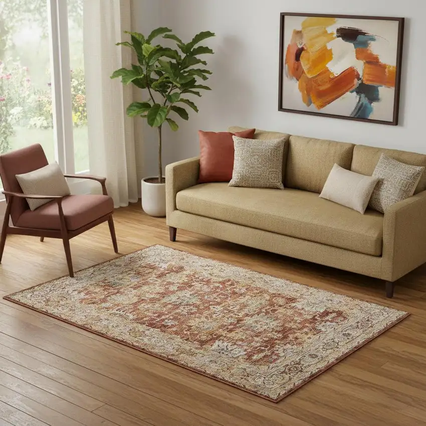 Rust Ivory And Blue Geometric Distressed Area Rug Photo 1