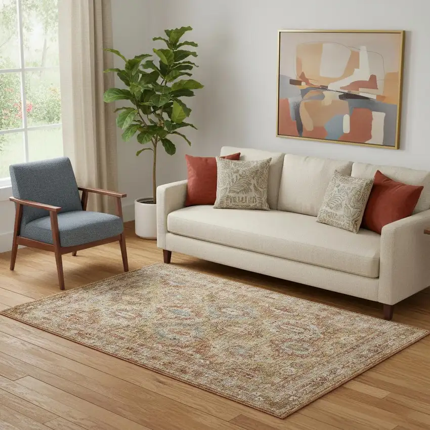 Rust Ivory And Blue Geometric Distressed Area Rug Photo 1