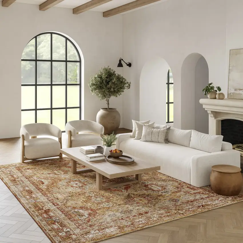 Rust Ivory And Blue Geometric Distressed Area Rug Photo 5