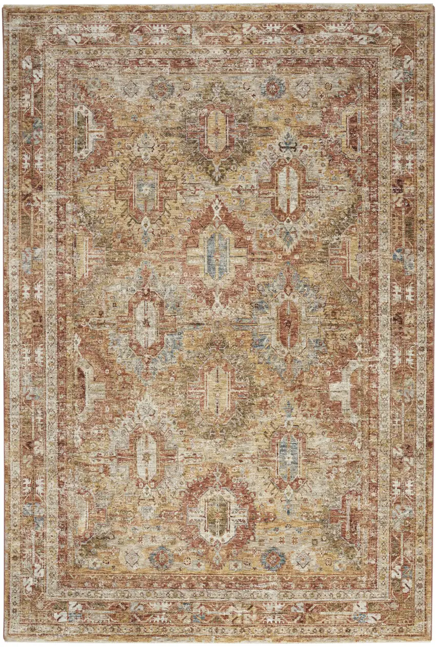 Rust Ivory And Blue Geometric Distressed Area Rug Photo 3