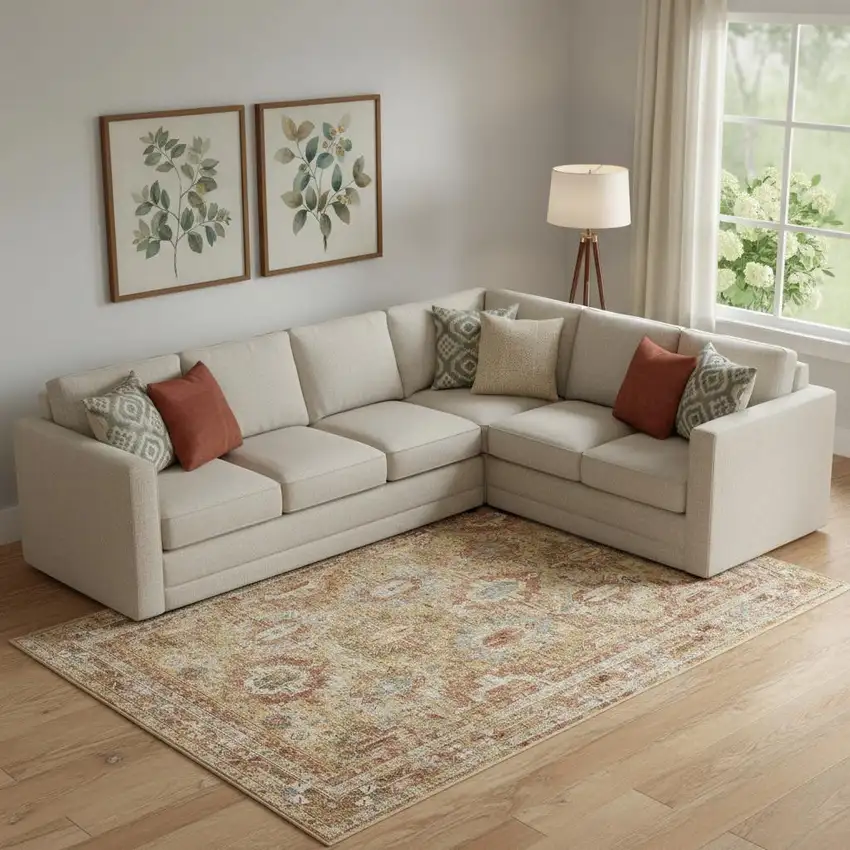 Rust Ivory And Blue Geometric Distressed Area Rug Photo 1