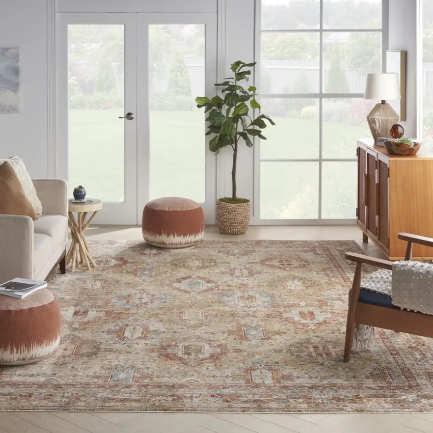 Rust Ivory And Blue Geometric Distressed Area Rug Photo 5