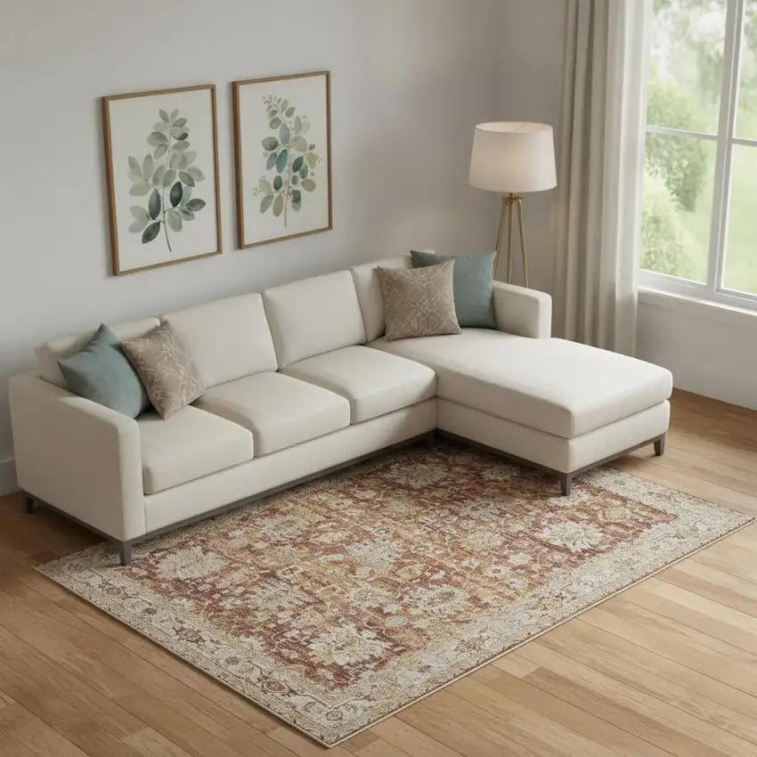 Rust Ivory And Blue Geometric Distressed Area Rug Photo 1