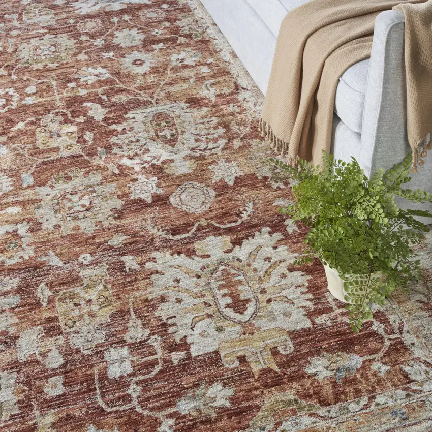 Rust Ivory And Blue Geometric Distressed Area Rug Photo 4