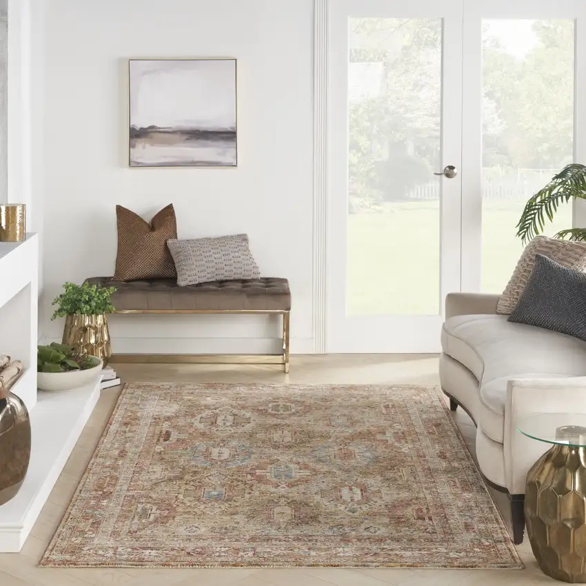 Rust Ivory And Blue Geometric Distressed Area Rug Photo 6