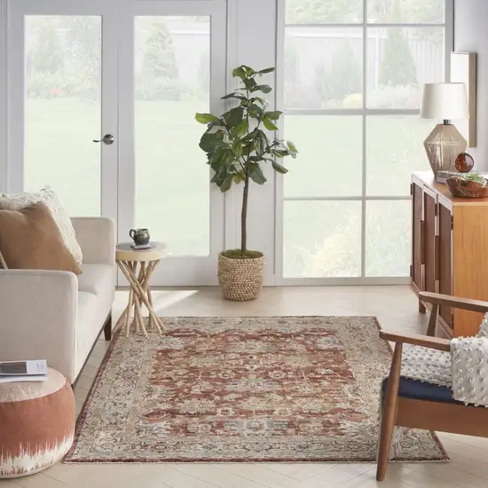 Rust Ivory And Blue Geometric Distressed Area Rug Photo 4