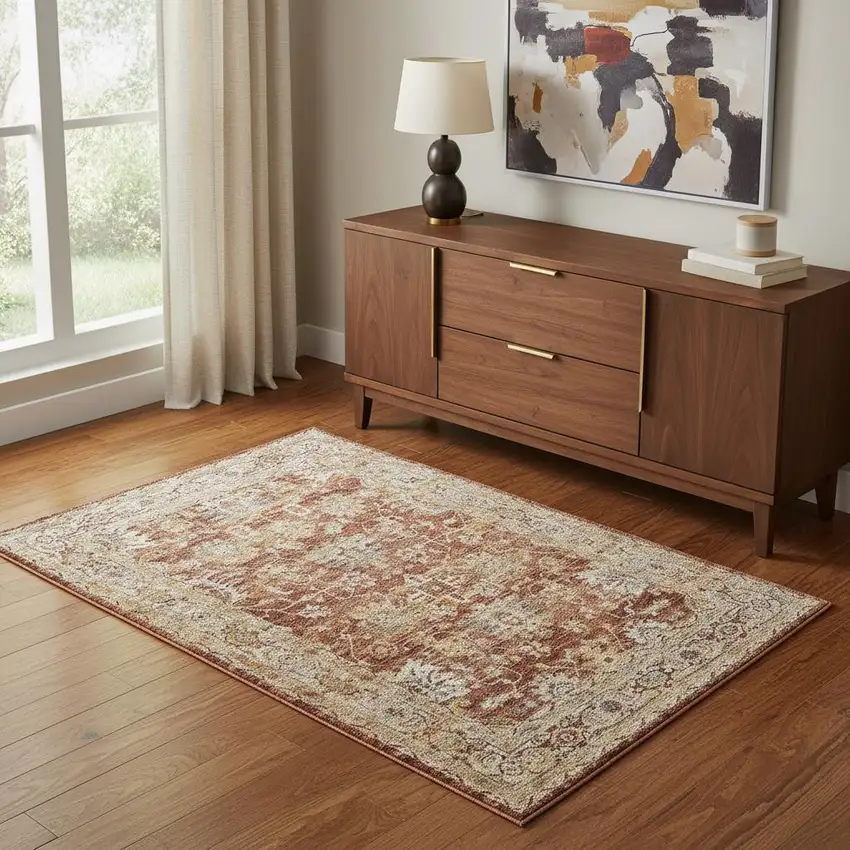 Rust Ivory And Blue Geometric Distressed Area Rug Photo 1