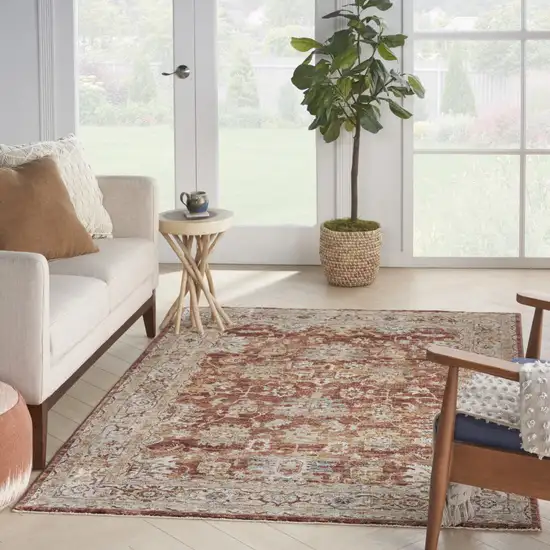 Rust Ivory And Blue Geometric Distressed Area Rug Photo 3