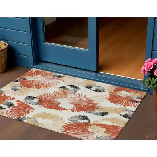 Rust Ivory And Charcoal Floral Washable Indoor Outdoor Area Rug Photo 3