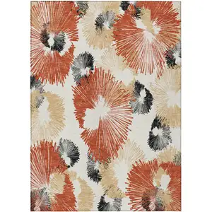 Photo of Rust Ivory And Charcoal Floral Washable Indoor Outdoor Area Rug