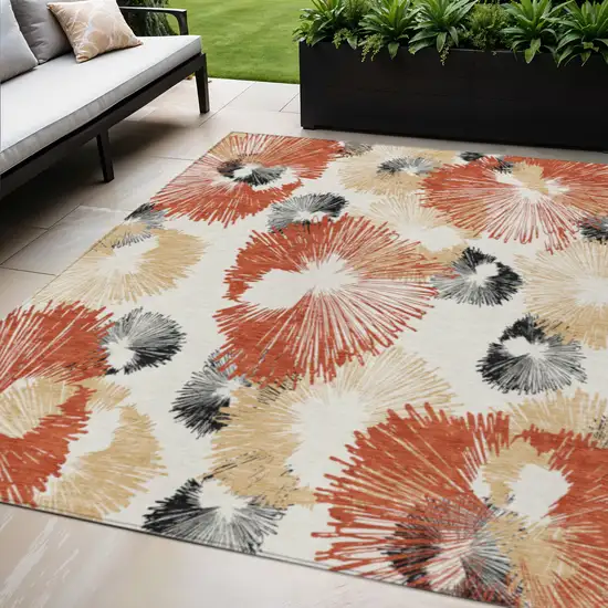 Rust Ivory And Charcoal Floral Washable Indoor Outdoor Area Rug Photo 2