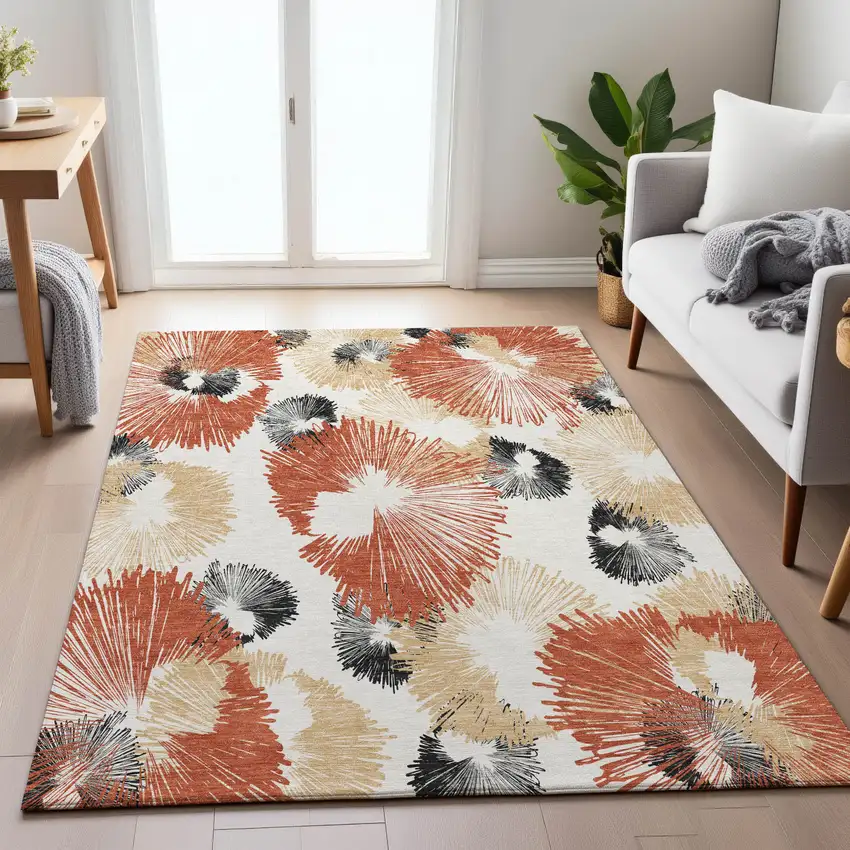 Rust Ivory And Charcoal Floral Washable Indoor Outdoor Area Rug Photo 9
