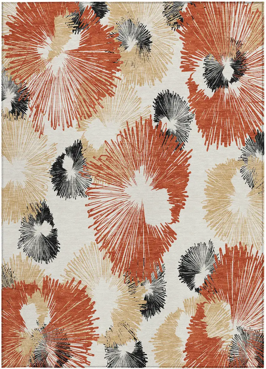 Rust Ivory And Charcoal Floral Washable Indoor Outdoor Area Rug Photo 4