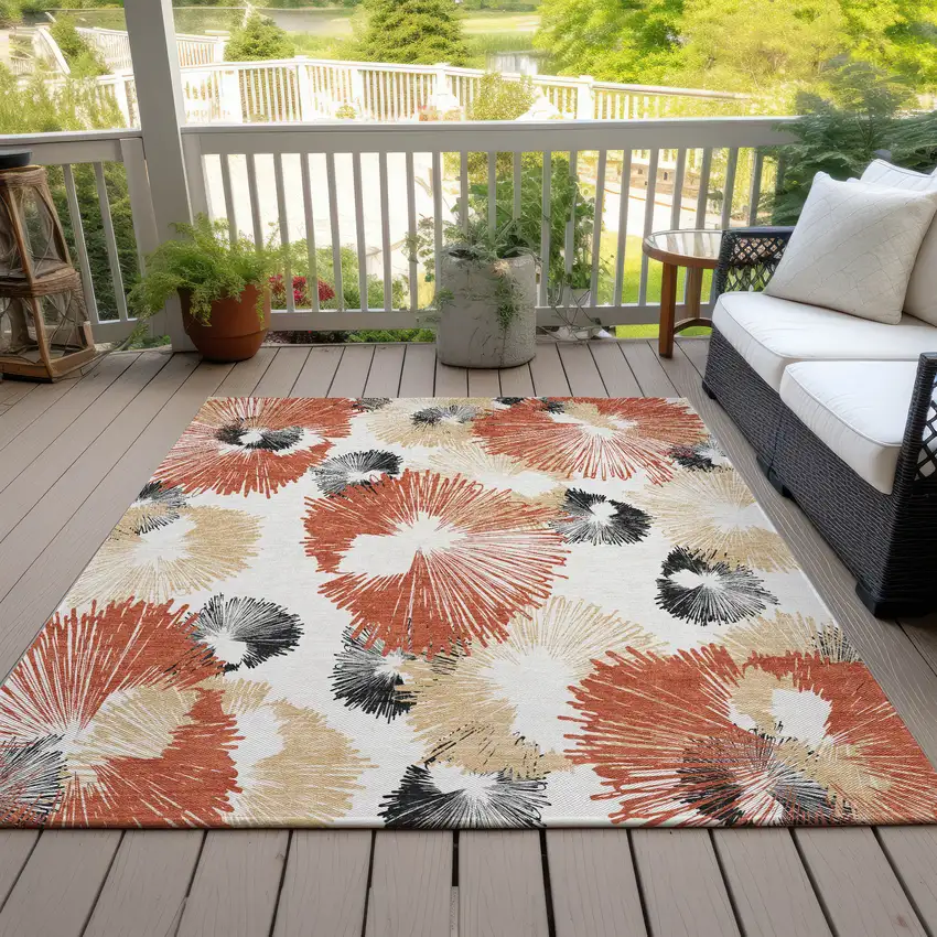 Rust Ivory And Charcoal Floral Washable Indoor Outdoor Area Rug Photo 8