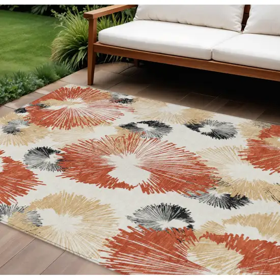 Rust Ivory And Charcoal Floral Washable Indoor Outdoor Area Rug Photo 2