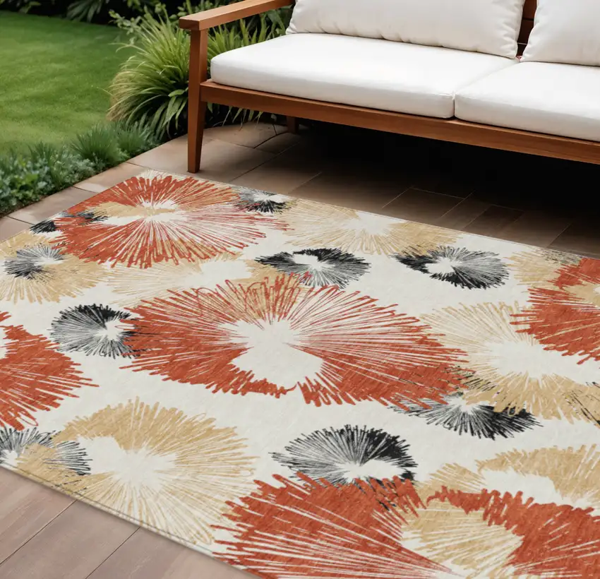 Rust Ivory And Charcoal Floral Washable Indoor Outdoor Area Rug Photo 2
