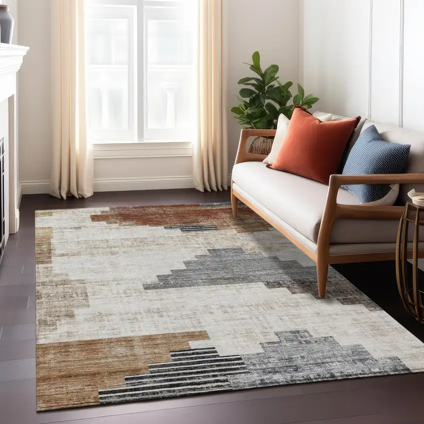 Rust Ivory And Charcoal Geometric Washable Indoor Outdoor Area Rug Photo 6