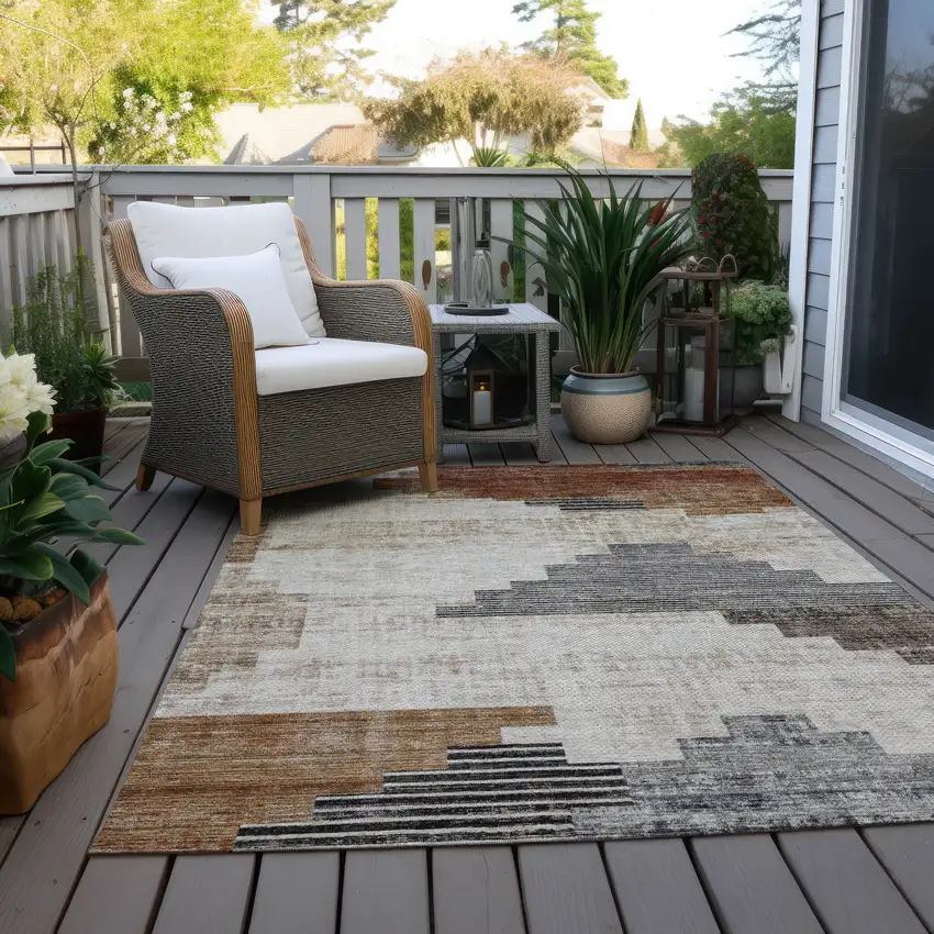Rust Ivory And Charcoal Geometric Washable Indoor Outdoor Area Rug Photo 7