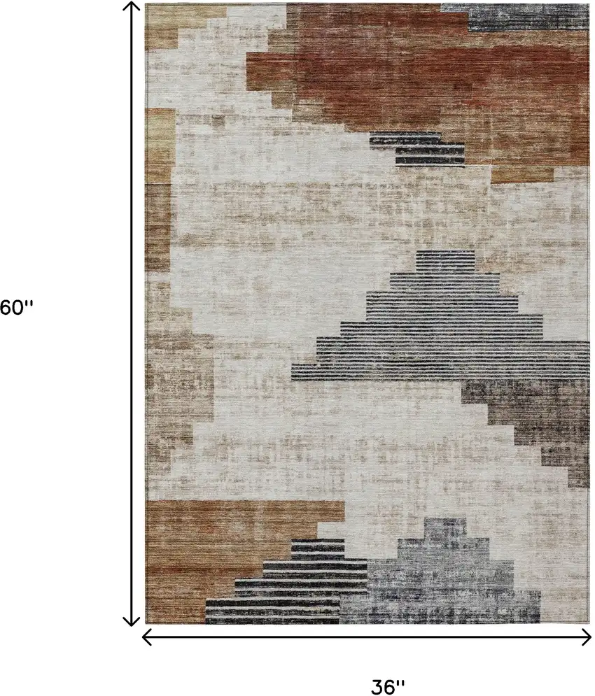 Rust Ivory And Charcoal Geometric Washable Indoor Outdoor Area Rug Photo 8