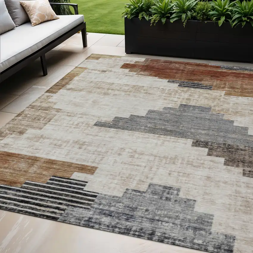 Rust Ivory And Charcoal Geometric Washable Indoor Outdoor Area Rug Photo 2