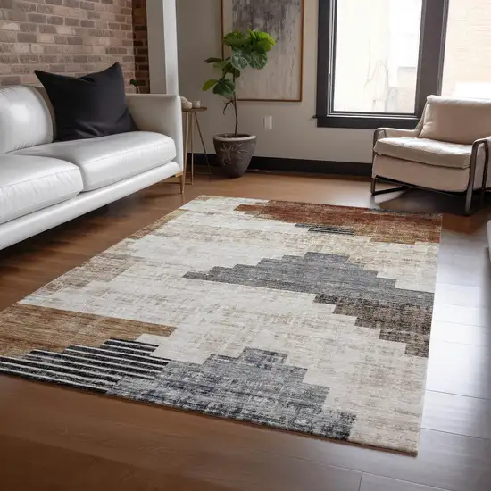 Rust Ivory And Charcoal Geometric Washable Indoor Outdoor Area Rug Photo 6