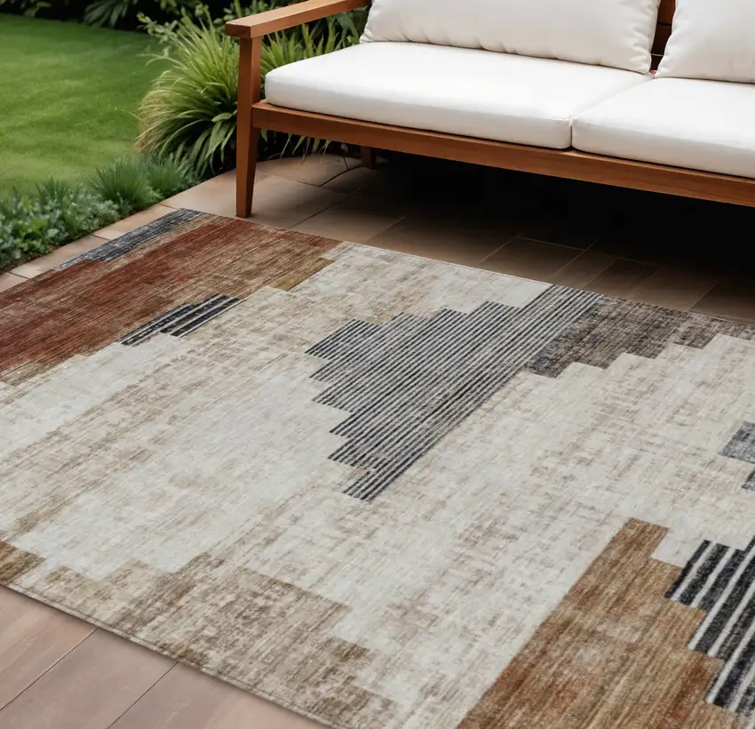 Rust Ivory And Charcoal Geometric Washable Indoor Outdoor Area Rug Photo 2
